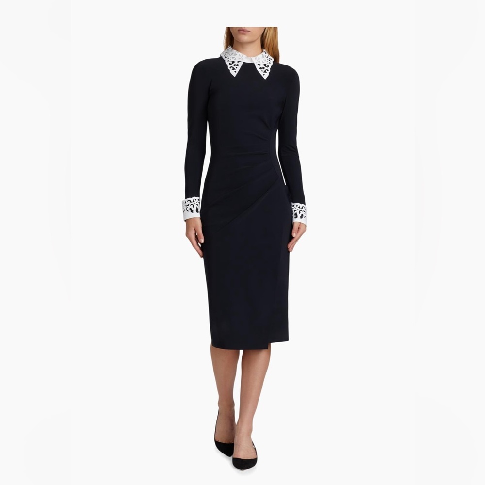 Chiara Boni Black Long Sleeve Midi Dress with White Lace Collar and Cuffs
